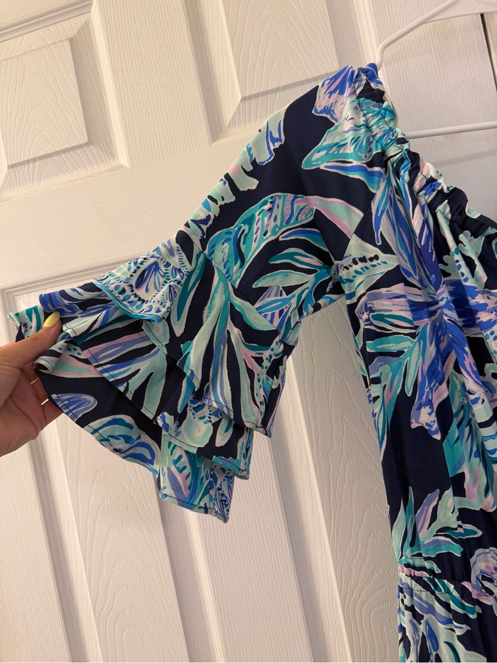 Lilly Pulitzer Calla Off-Shoulder Romper in the High Tide Navy - Picture 3 of 5